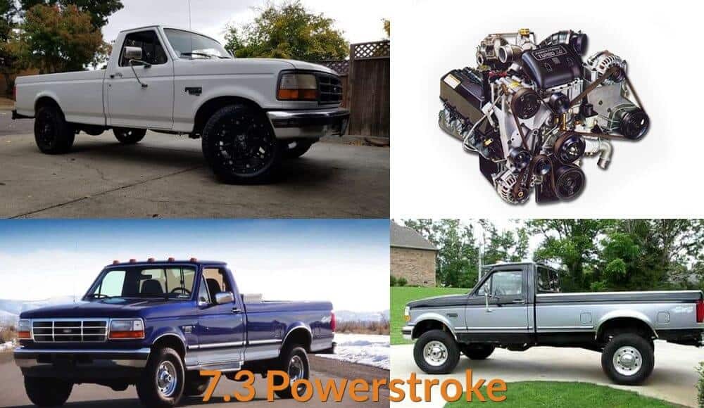 Engine and different models of 7.3 Powerstroke trucks.