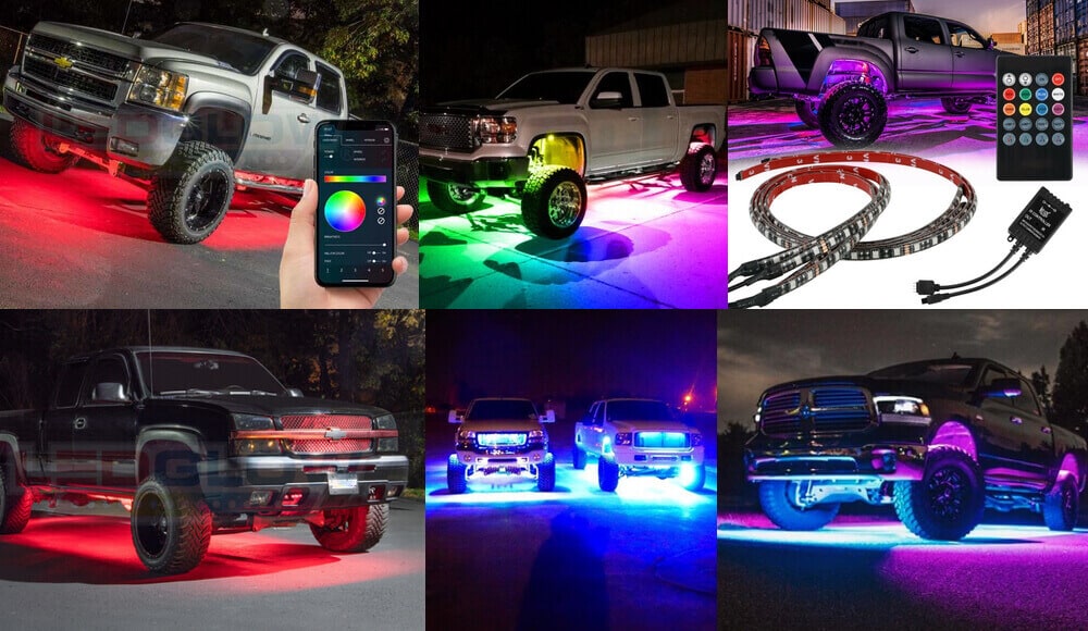 Different models of truck with underbody RGB lights.