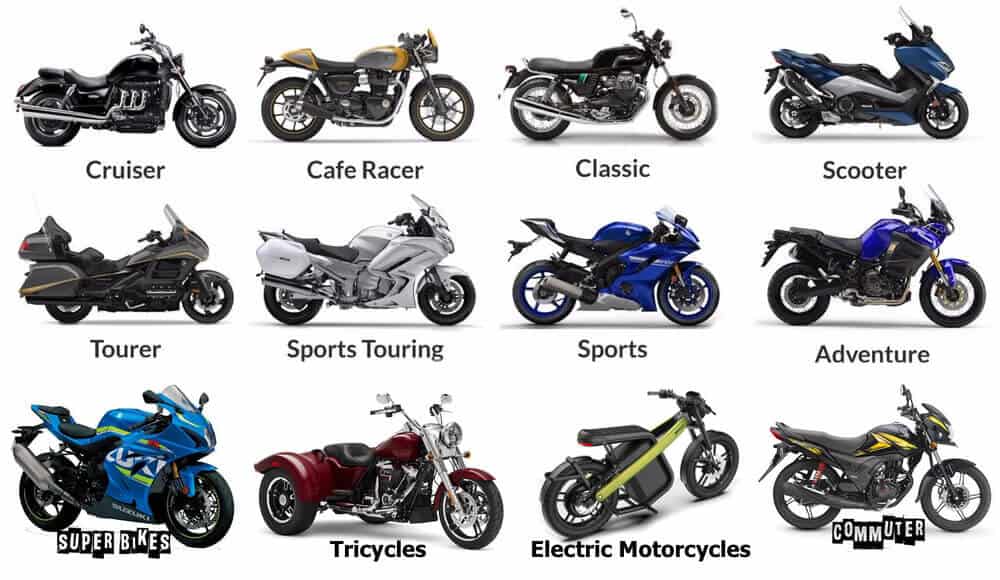 Different types and models of motorcycles on the road.
